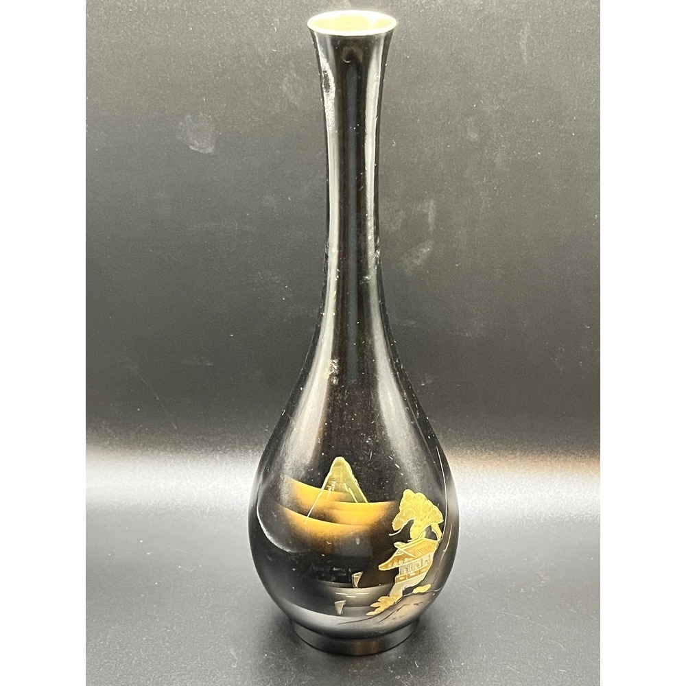 Asian Inspired Bud Vase Black Gold Landscape Design Home Decor Display 9"‎ Tall